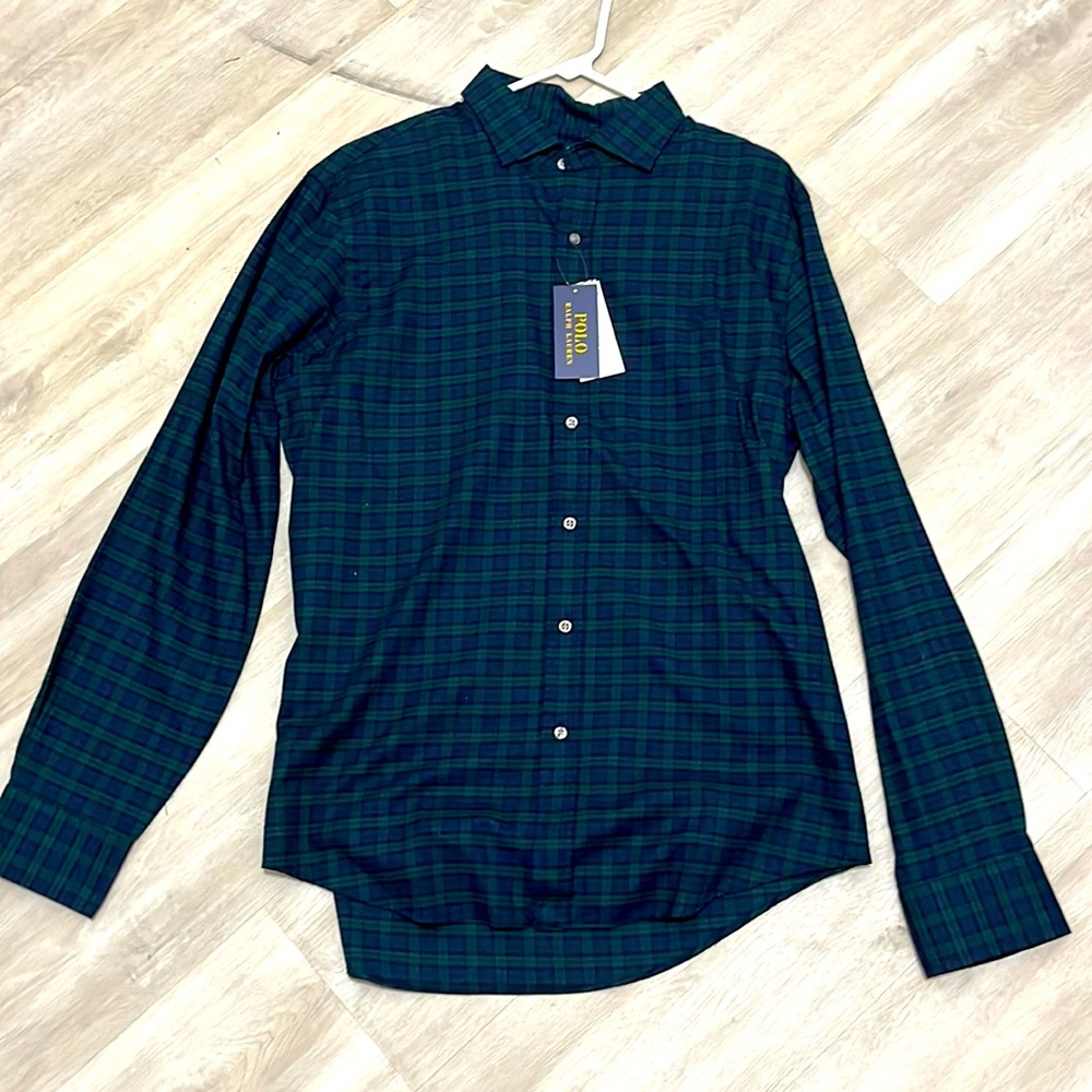 Ralph Lauren mens dress shirt green and blue plaid